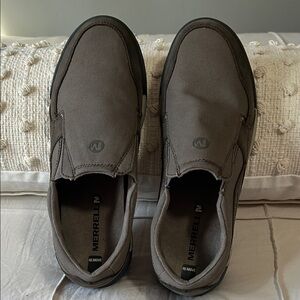 Merrell Men's Boulder Gray Brown Canvas Slip-On Loafers, like new condition